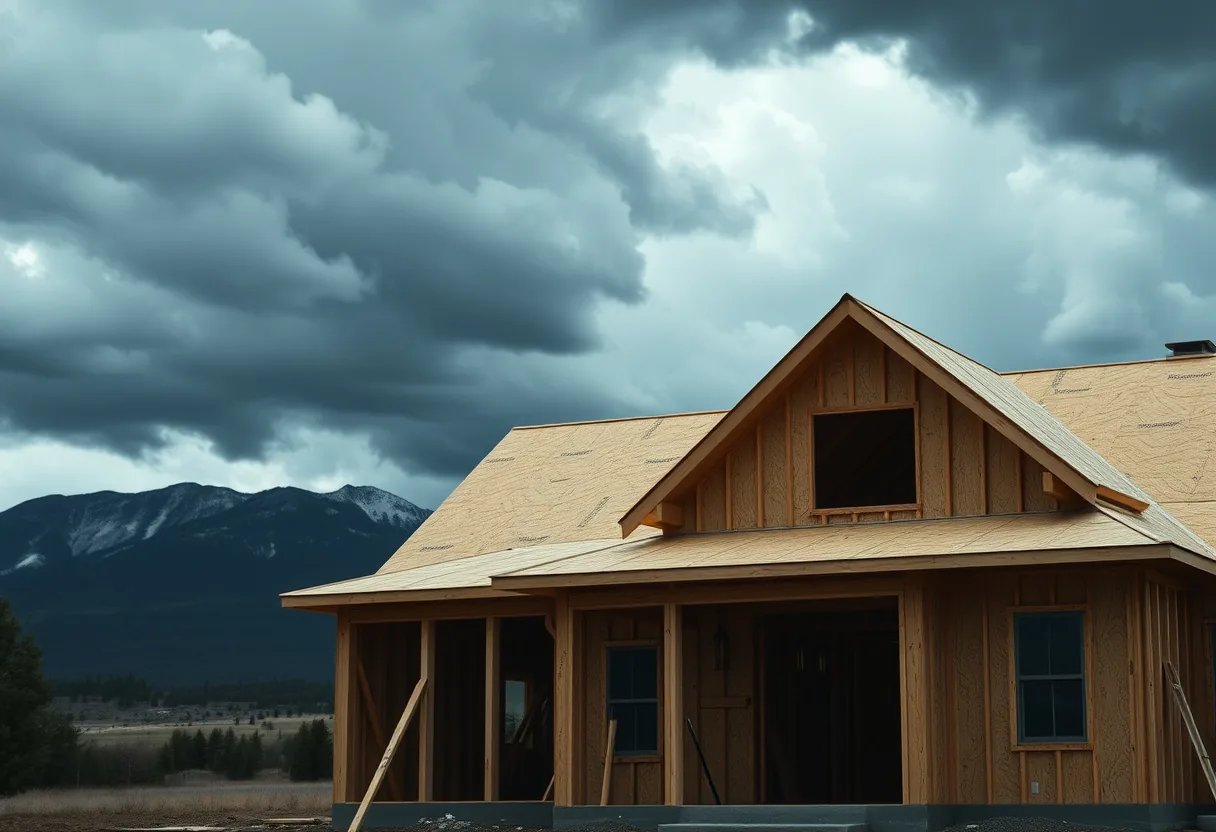A partially framed Colorado home under construction with mountains and a dark, stormy hail sky building behind it