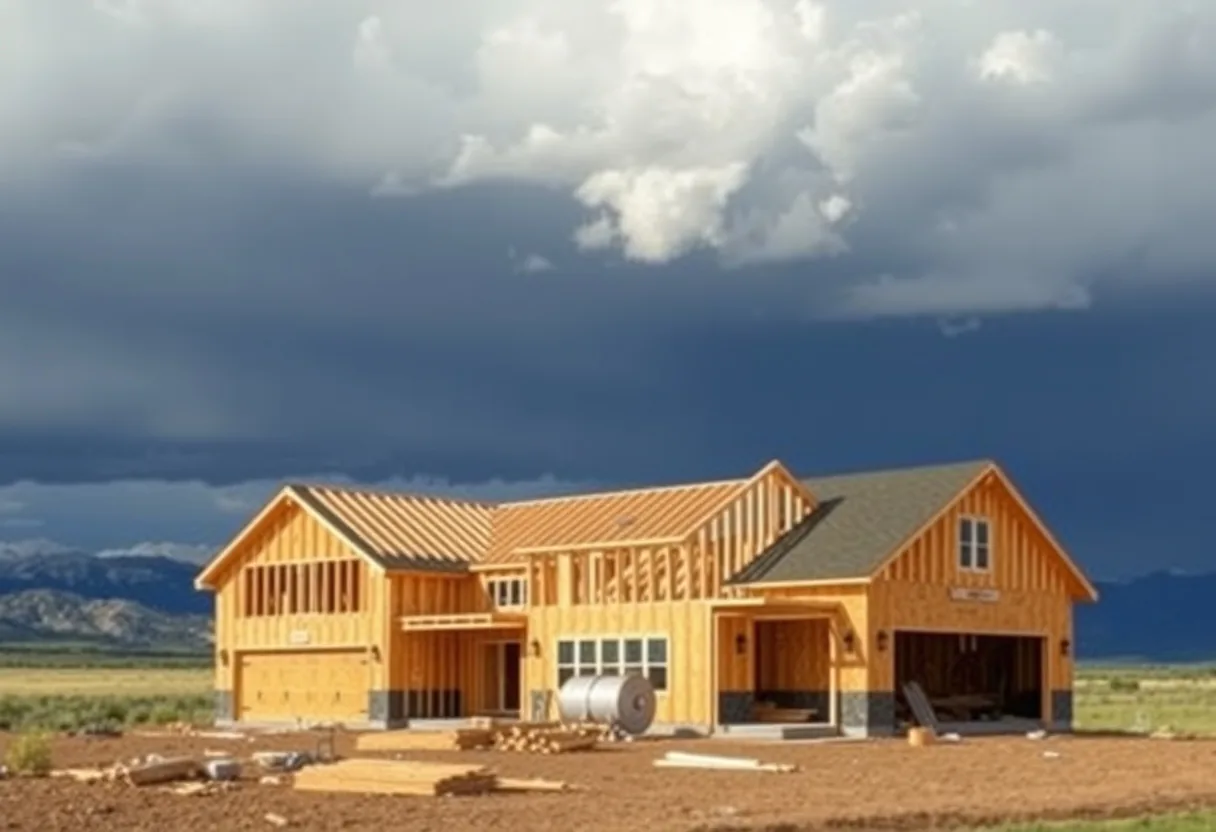 Colorado wood-frame home under construction with scaffolding on the Front Range beneath a threatening hail sky