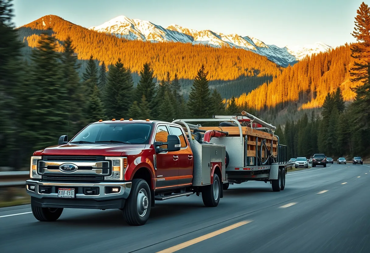 A contractor work truck and flatbed trailer loaded with equipment on a Colorado Front Range highway with mountains in the background