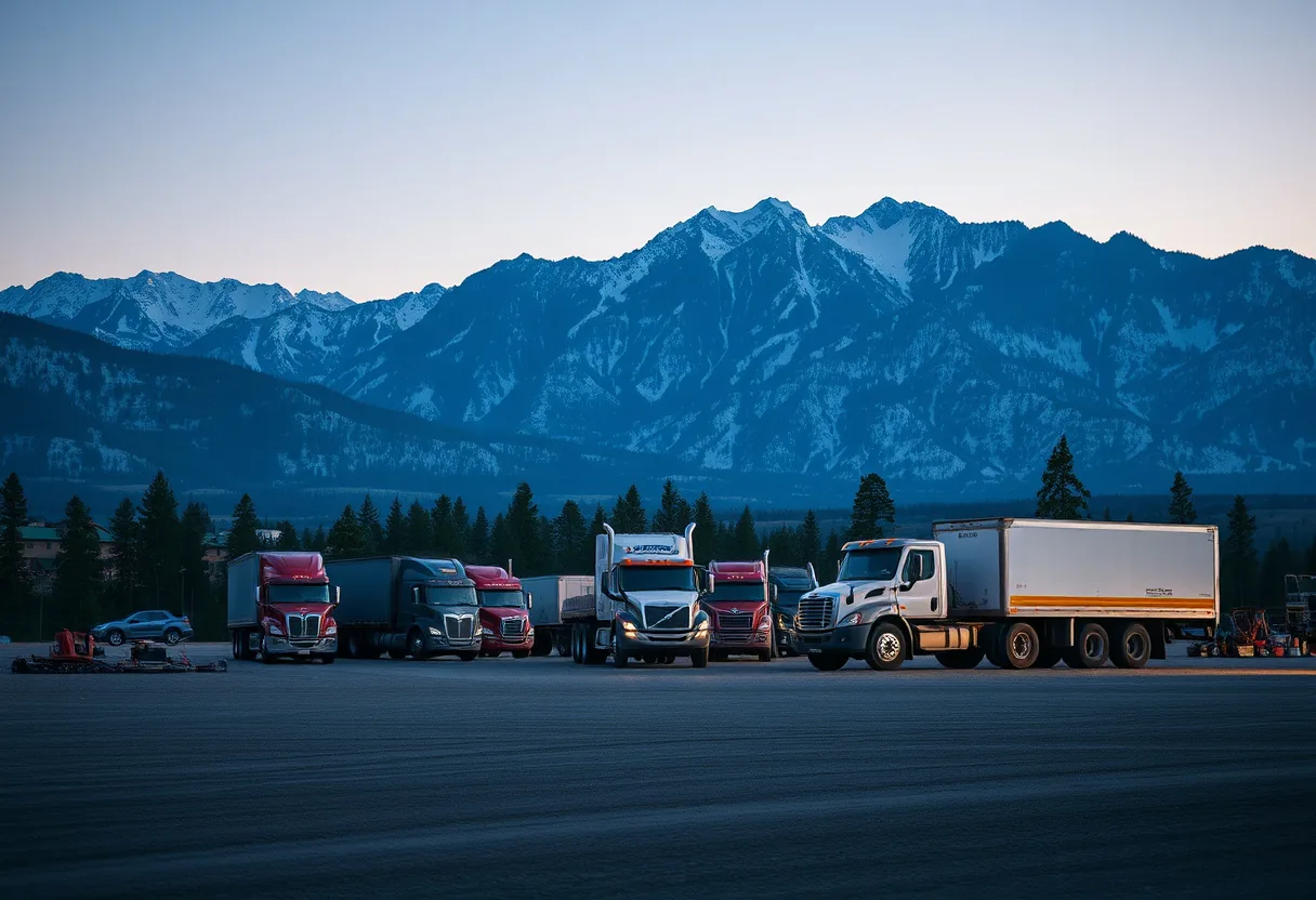 Colorado contractors and their work trucks staged at a jobsite at blue hour with the Rockies behind
