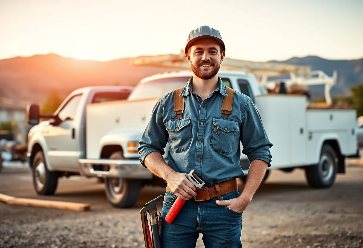 Newly licensed Colorado contractor standing beside a work truck at a residential job site on the first day of business