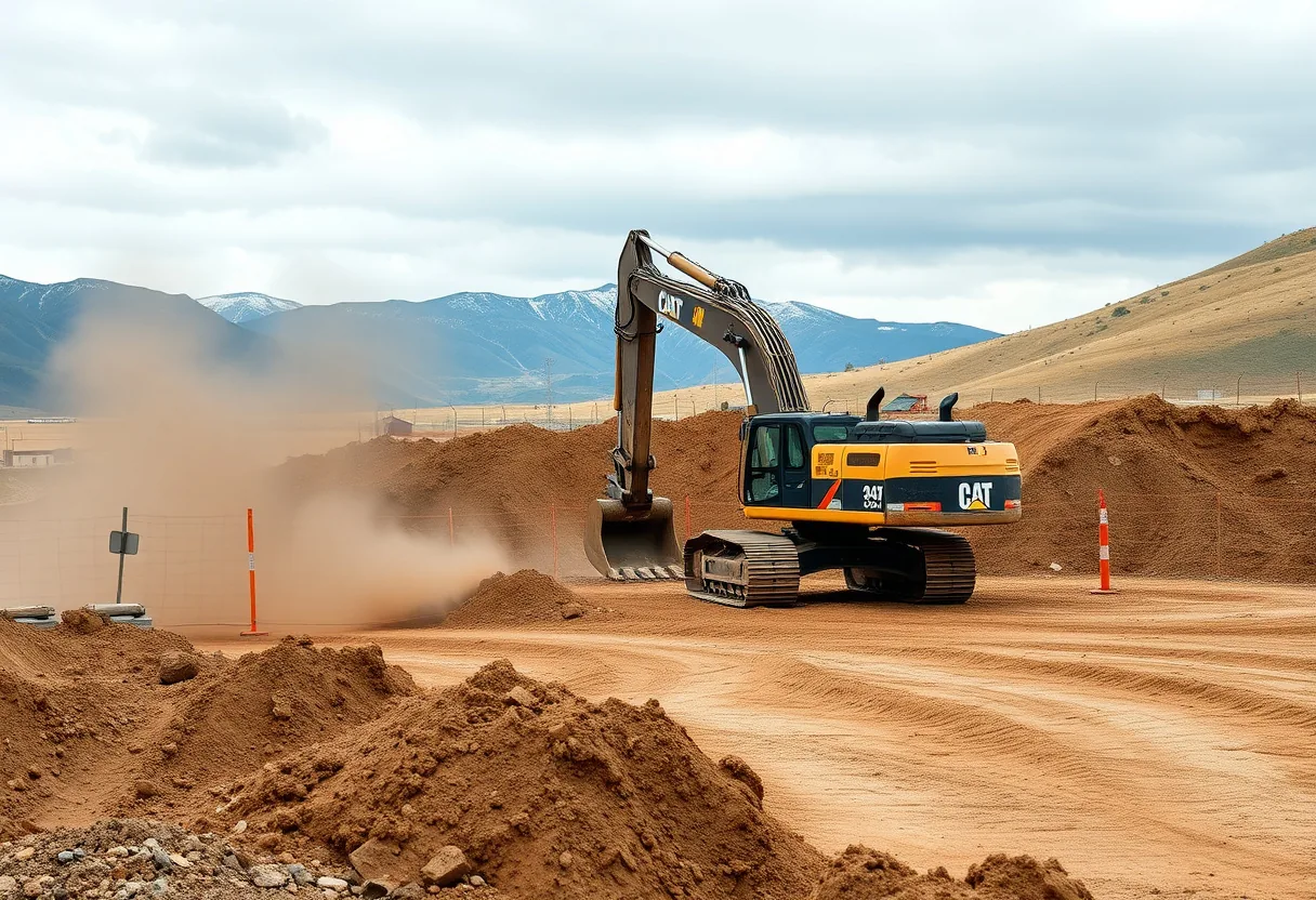 Colorado excavation contractor grading disturbed soil beside a silt fence protecting a mountain waterway from sediment runoff