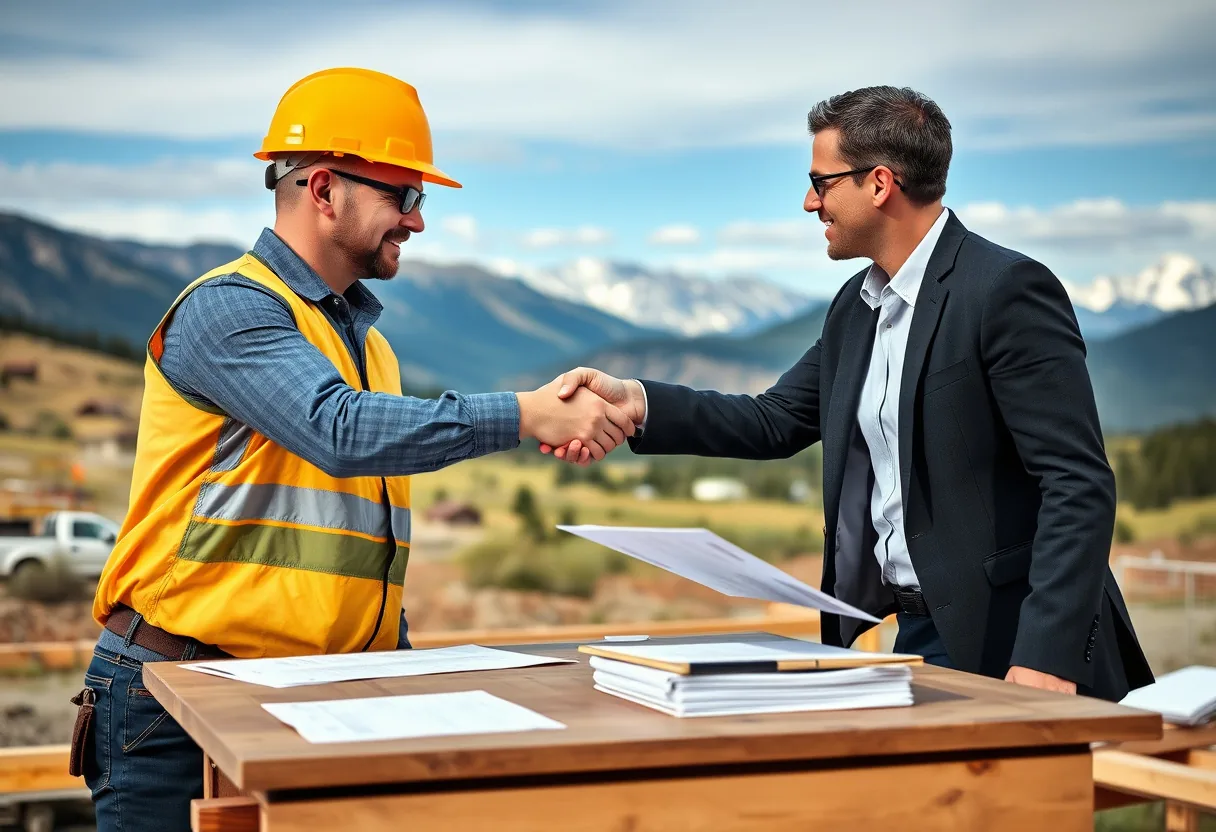 Colorado contractor reviewing a signed surety bond document at a job site with framed construction in the background