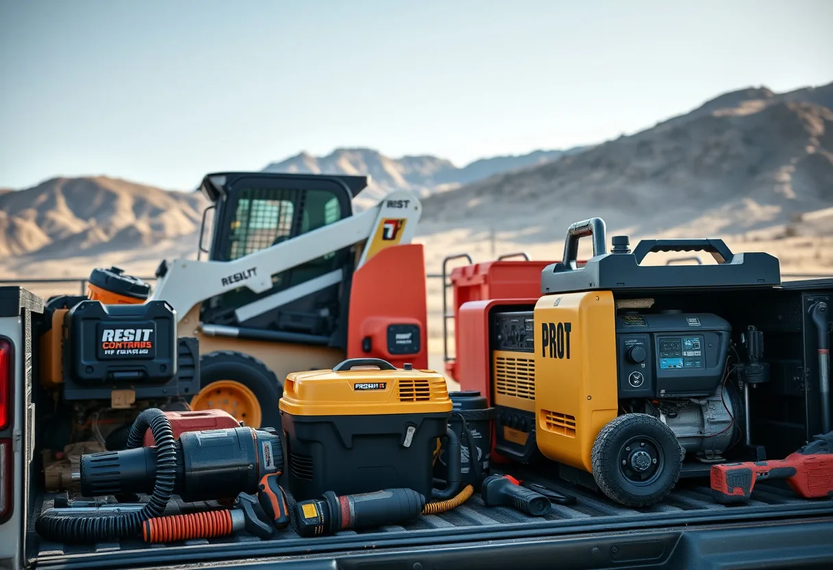 Colorado contractor loading power tools and a compressor into a work truck at a mountain jobsite
