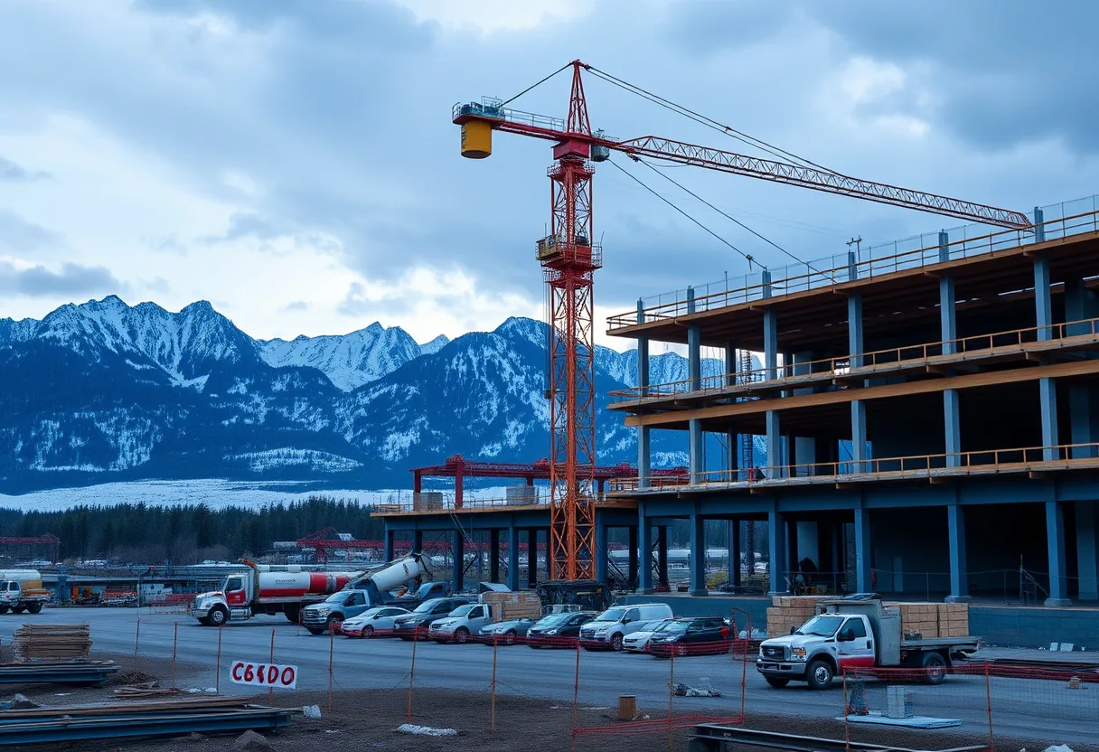 Colorado commercial construction site with a tower crane and multi-story structure under a mountain skyline