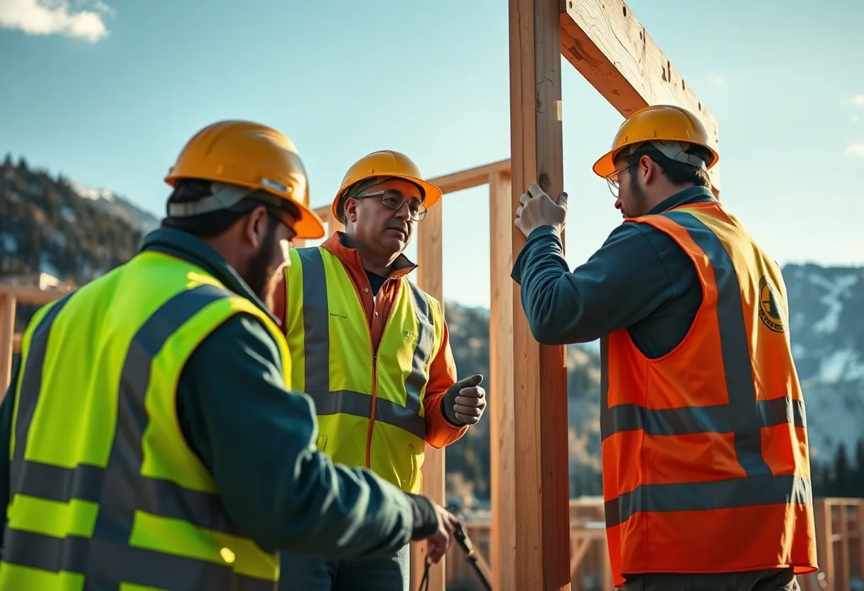 Colorado construction crew framing a residential building under a blue Front Range sky